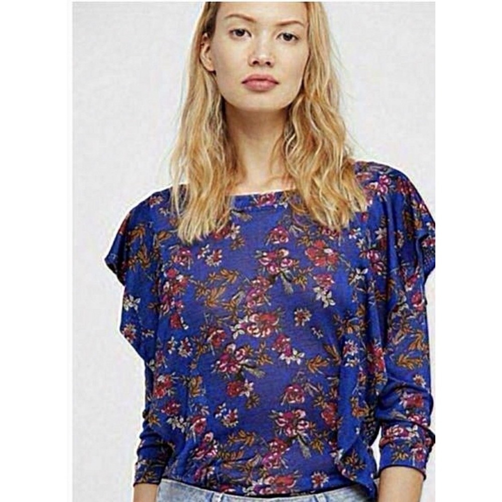 Free People‎ Boho Floral Print Blouse Size S Blue 3/4 Sleeve Ruffle Romantic
